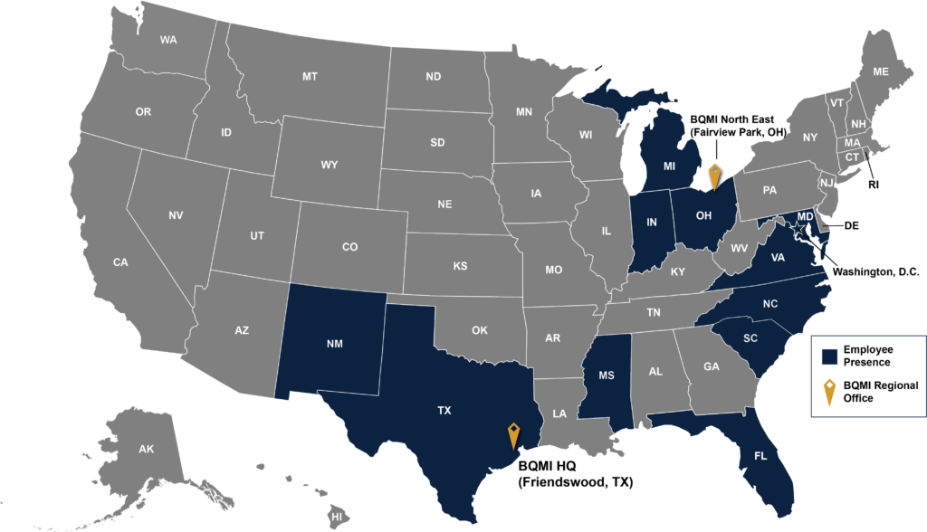 Map of the US showing our offices and that states where BQMI has employees